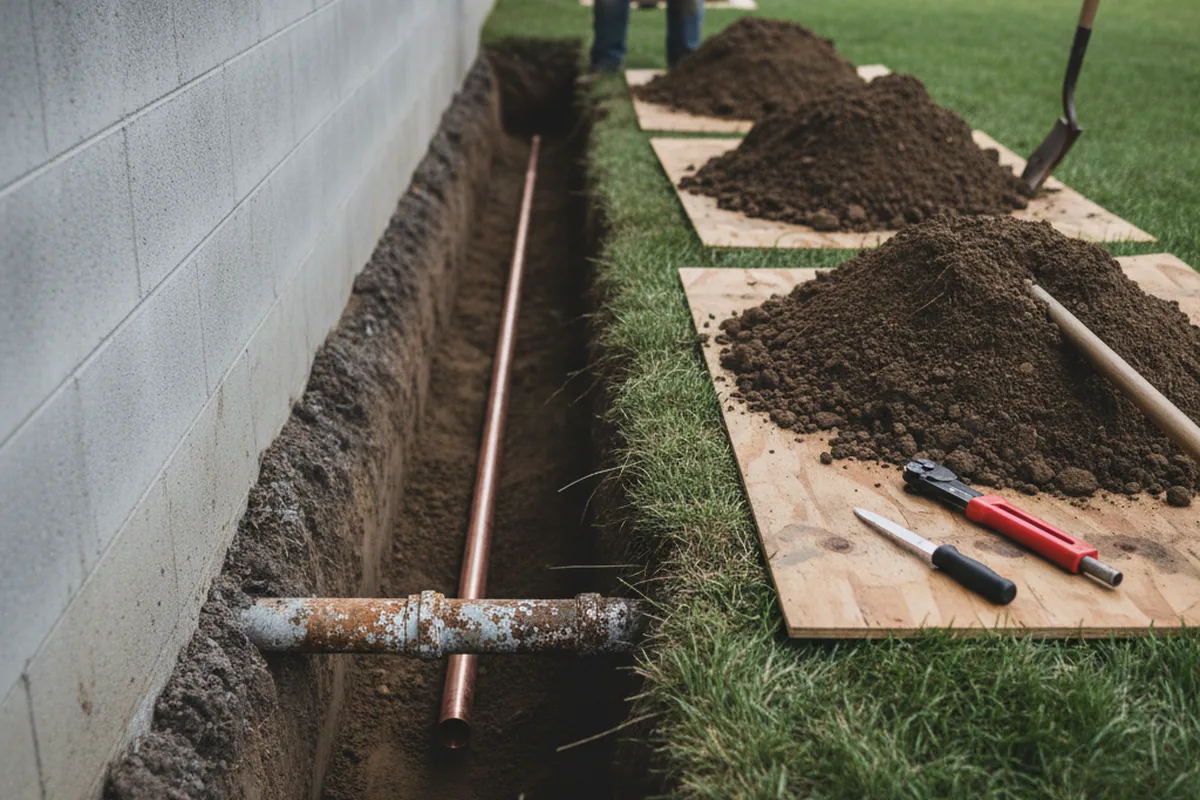 Excavated water line trench during Water Heater Repair in Lathrop